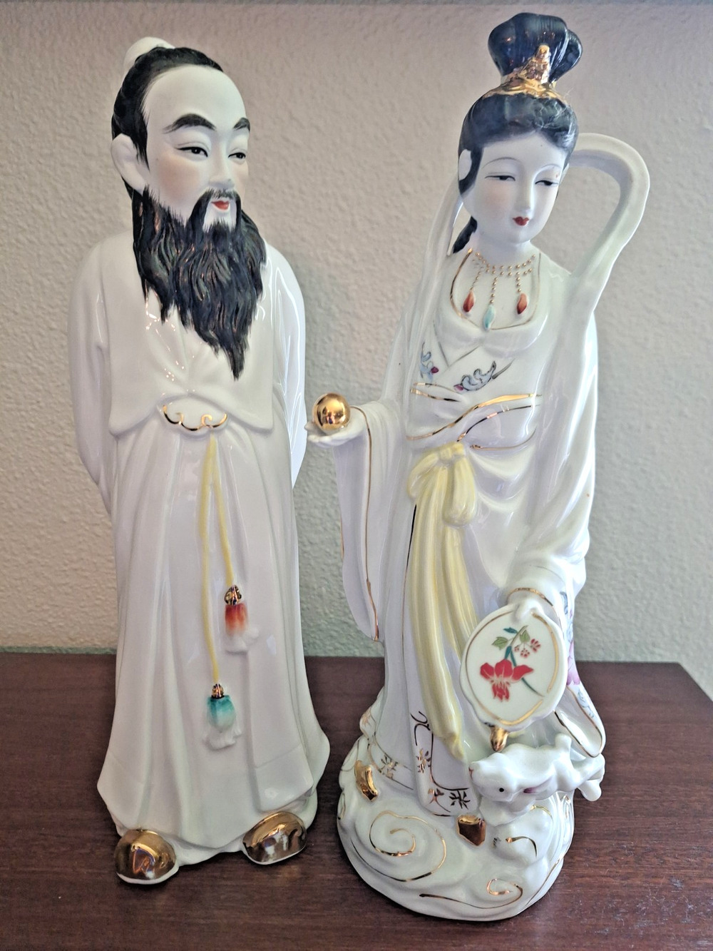 Vintage Japan Porcelain Asian Figurines Pair 12" Lady Scholar Hand Painted Gold